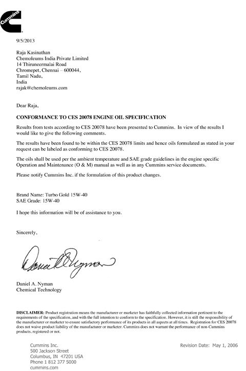 Turbo Gold 15W 40 Cummins Approval