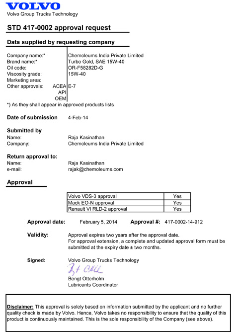 Turbo Gold Volvo Approval 2014